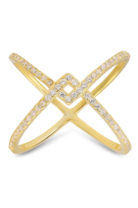 14k Gold Over Silver Zig-Zag Crossover CZ Ring