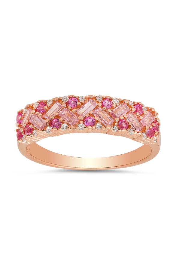 14k Rose Gold Over Silver Pink Sapphire CZ Ombre Baguette-cut Band Ring