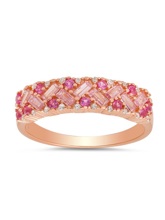14k Rose Gold Over Silver Pink Sapphire CZ Ombre Baguette-cut Band Ring