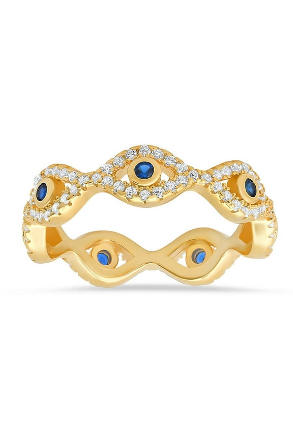 14k Yellow Gold Over Silver CZ Evil Eye Eternity Band Ring