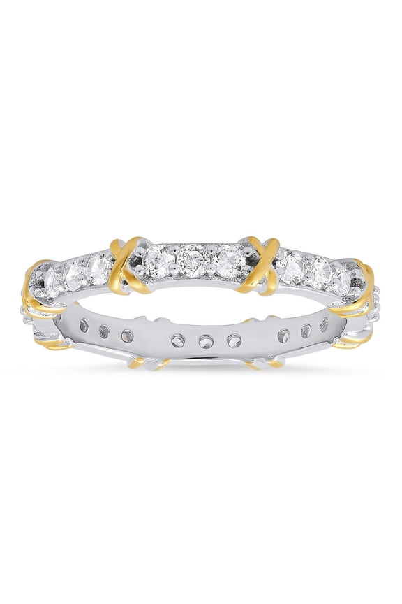 Silver & Gold Two-Tone Round-cut CZ "X" Stackable Eternity Band Ring