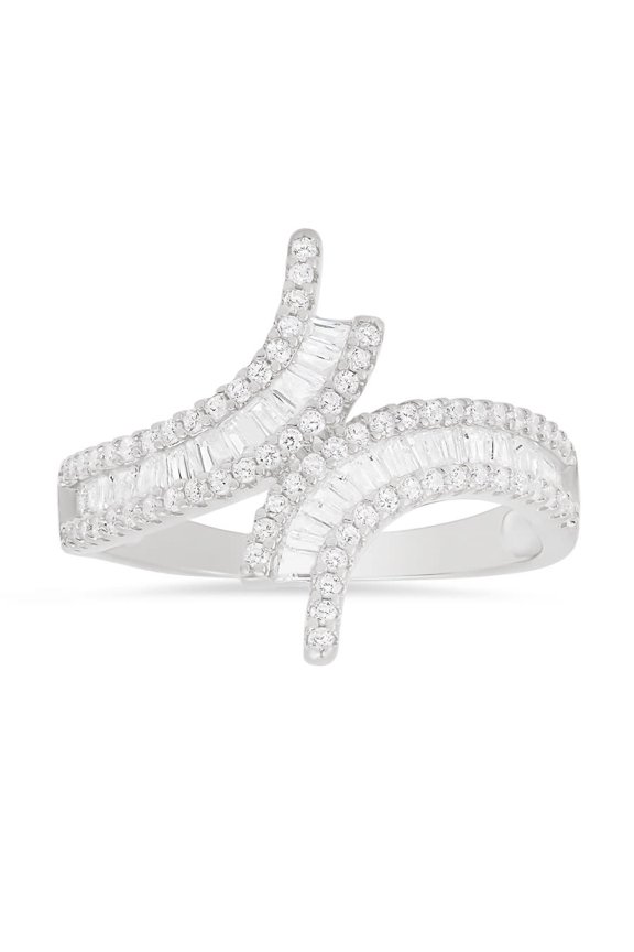 Sterling Silver Baguette-cut CZ Bypass Statement Ring