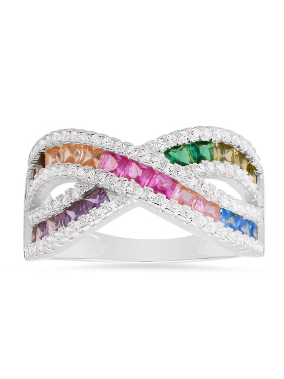 Sterling Silver Princess-cut Multi-color Crossover Highway Ring