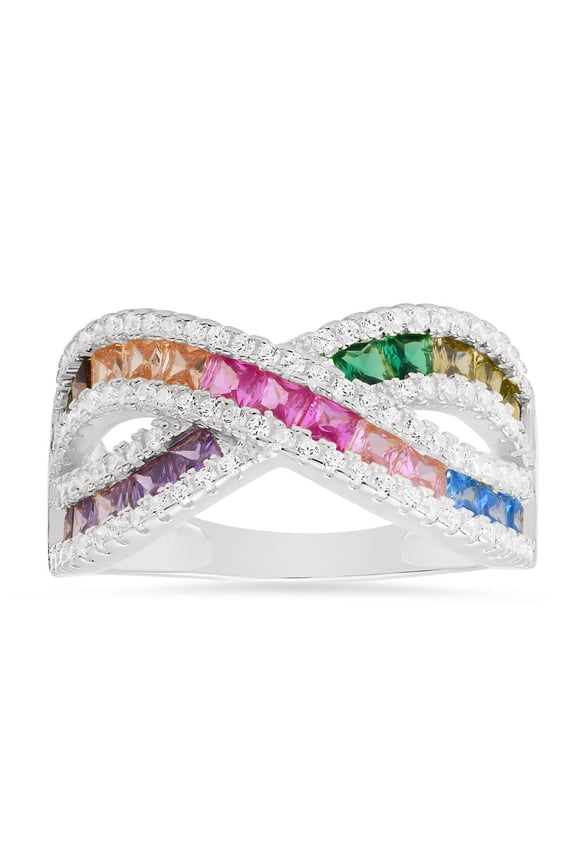 Sterling Silver Princess-cut Multi-color Crossover Highway Ring