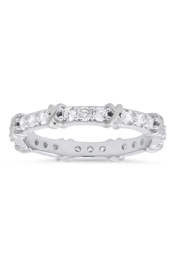 Sterling Silver Round-cut CZ "X" Stackable Eternity Band Ring