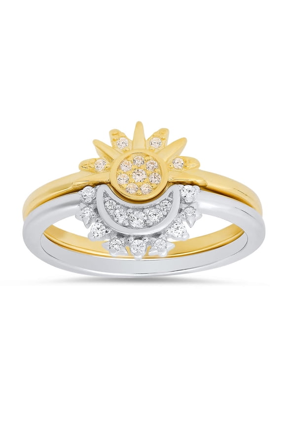 Sterling Silver Two-Tone Sun/Moon 2pc Stackable Ring Set