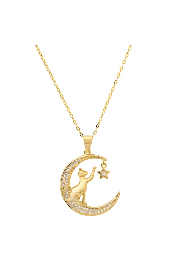 Yellow Gold Over Silver Dangling Moon/Star Cat CZ Pendant Necklace