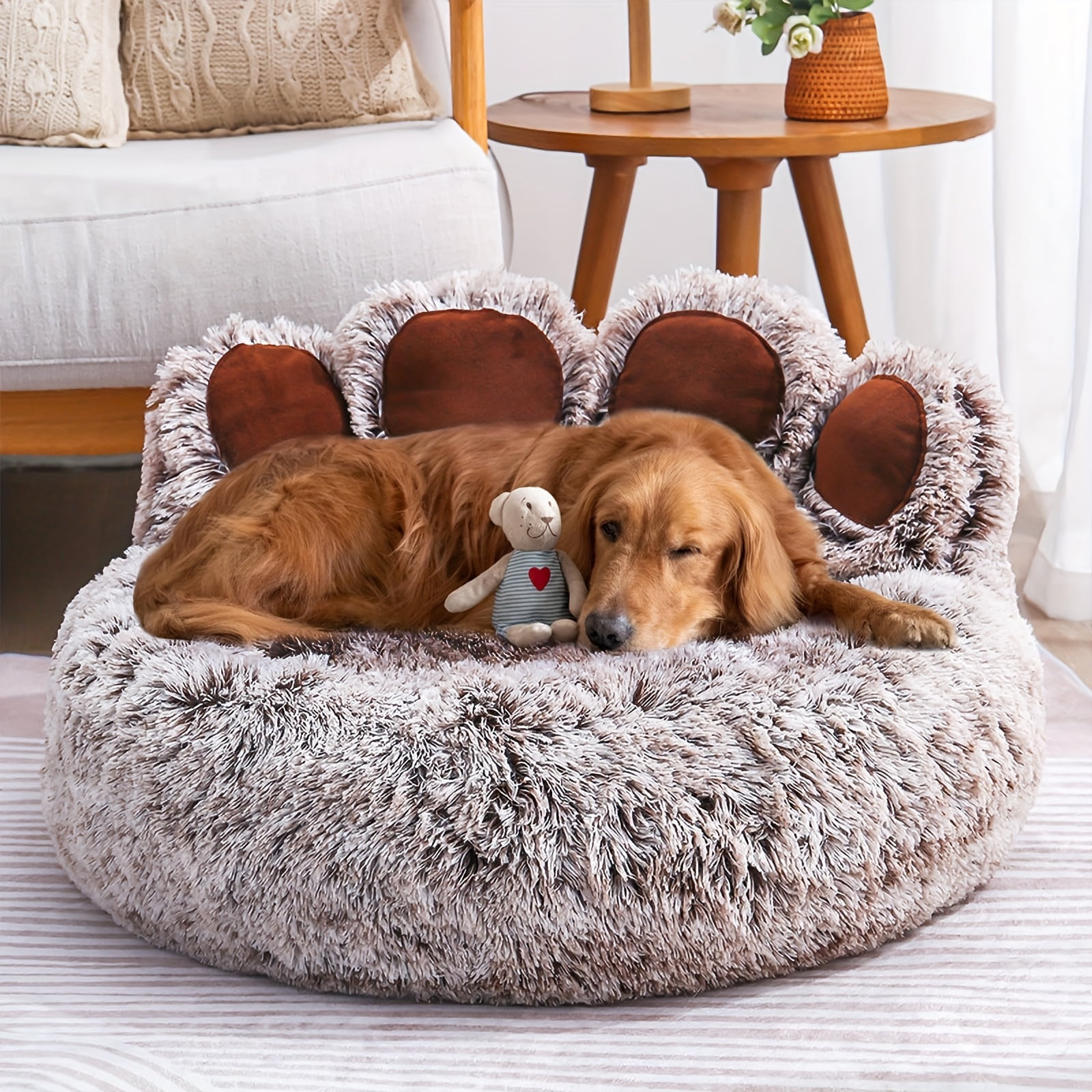Kylinsure Paw Shape Calming Pet Bed, Plush Faux Fur Donut Bed for Dogs & Cats, Machine Washable, Non-Slip Bottom