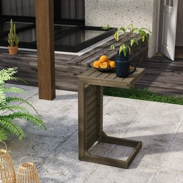 Kynora Modern C-Shape Accent End Table, Acacia Wood, Grey