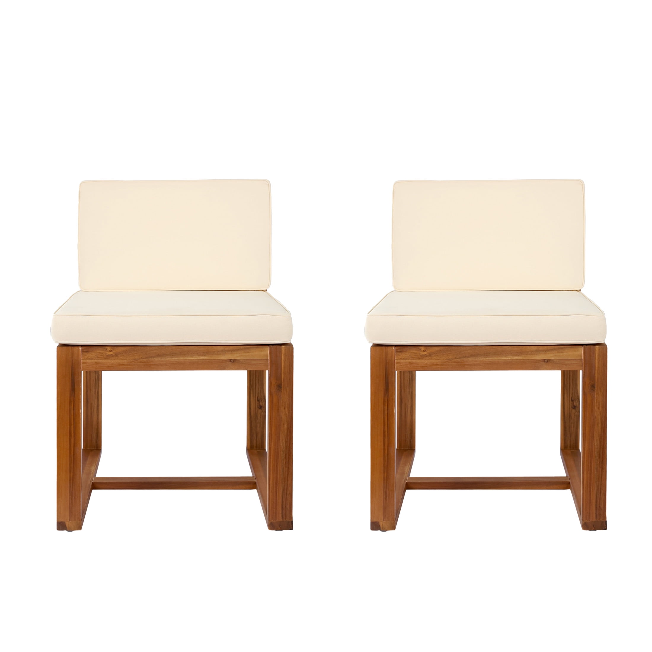 Kynora Modern Outdoor Patio Dining Chairs with Cushions, Acacia Wood, Beige + Teak, Set of 2