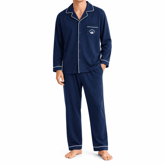 Kyntgho Men's Two Piece Pajama Set, Long Sleeve Button Front Pajama Shirt with Piping and Straight Pants