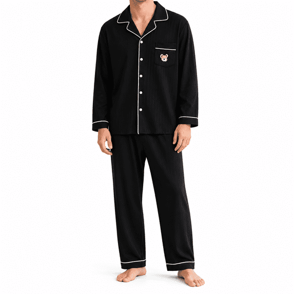 Kyntgho Men's Two Piece Pajama Set, Long Sleeve Button Front Pajama Shirt with Piping and Straight Pants