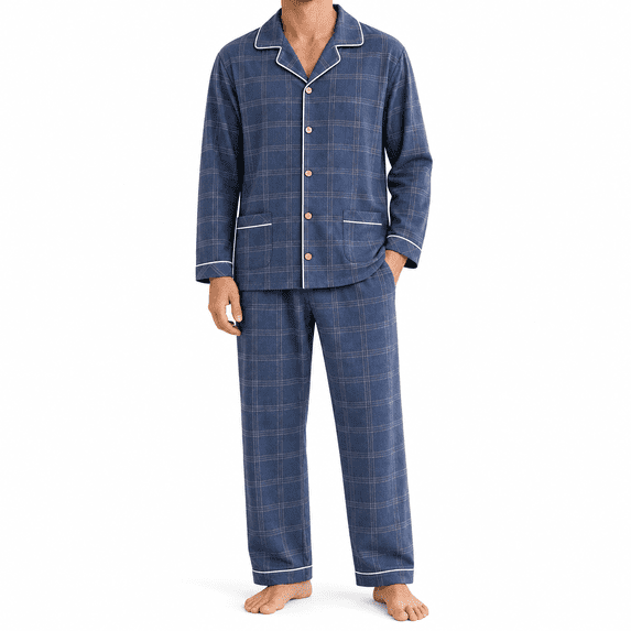Kyntgho Men's Two Piece Pajama Set, Long Sleeve Button Front Pajama Shirt with Piping and Straight Pants