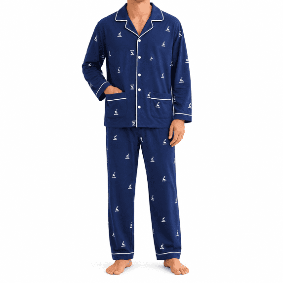 Kyntgho Men's Two Piece Pajama Set, Long Sleeve Button Front Pajama Shirt with Piping and Straight Pants