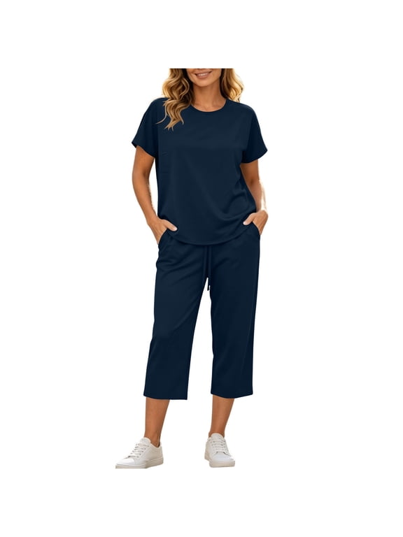 Women's 2 Piece Capri Lounge Set, Short Sleeve Crew Neck Top and Drawstring Cropped Pants with Pockets, Casual Outfit