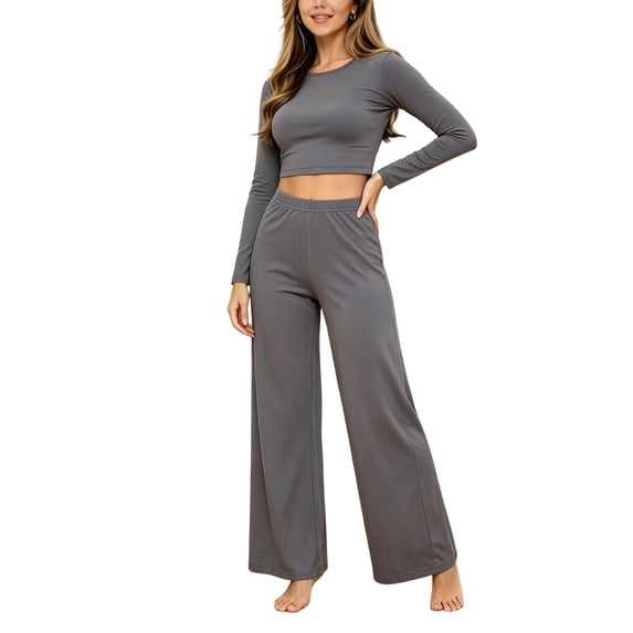 Kyntgho Women's Cotton 2 Piece Lounge Set, Long Sleeve Crew Neck Crop Top and Cropped Wide Leg Pants, Casual Matching Outfit
