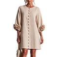 Kyntgho Women's Linen Blend Shift Dress Puff Sleeve 3D Floral Cuff ...