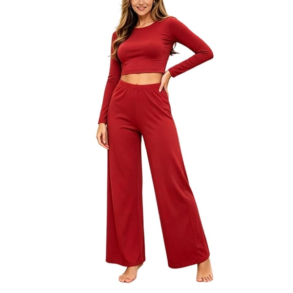 Kyntgho Women's Two Piece Pajama Set, Long Sleeve Cropped Crew Neck Top with High Waist Wide Leg Pants, for Lounging and Restful Nights