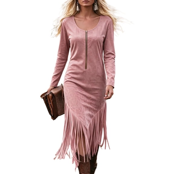 Kyntgho Women's Western Suede Fringe Dress Long Sleeve Zip Front Bodycon Maxi Dress with Tassel Hem