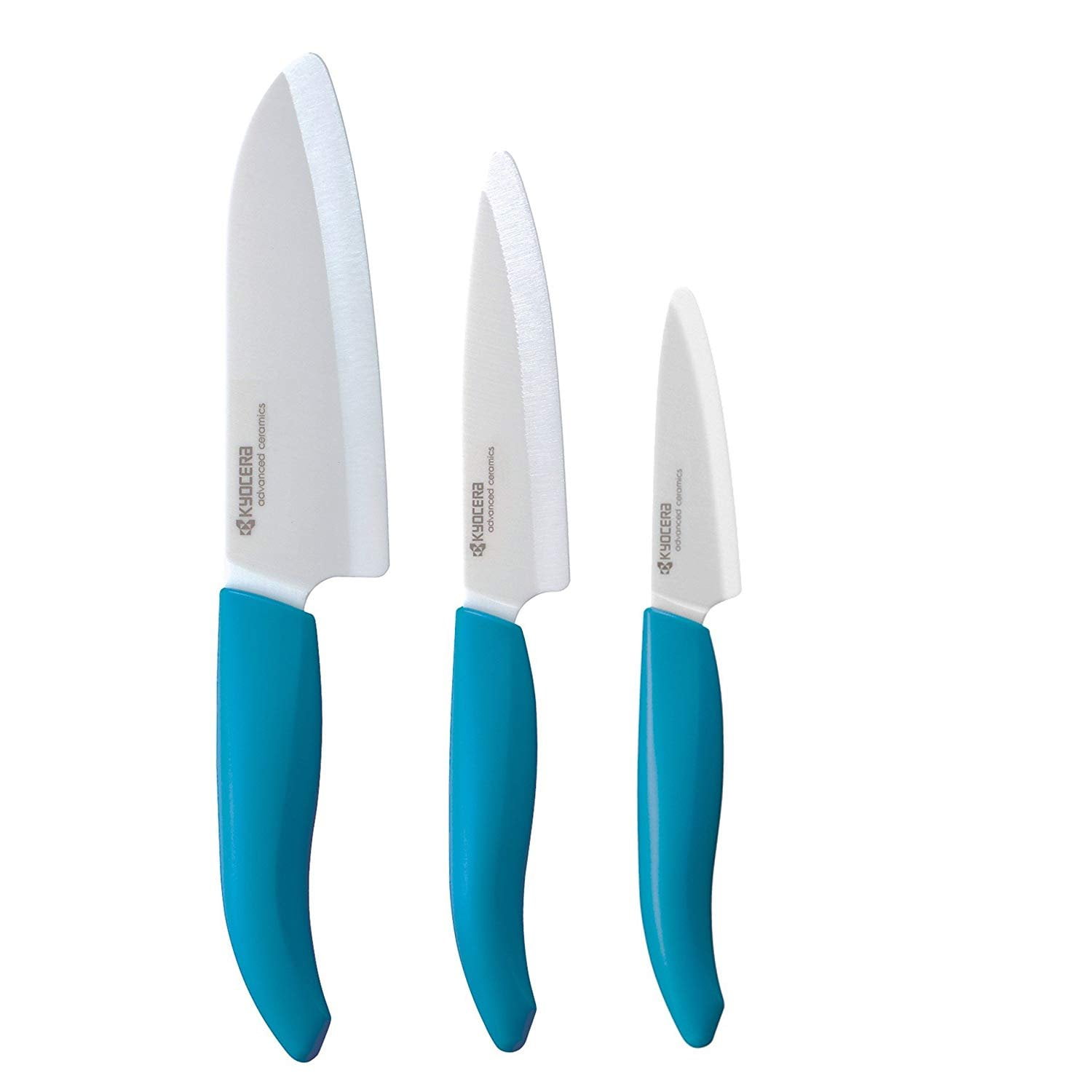 Kyocera Advanced Ceramic Revolution 3 Piece Knife Set with 5.5" Santoku, 4. 5" Utility and 3" Paring Knife, Blue/White
