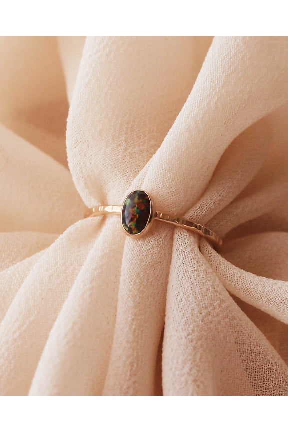 Kyocera Black Opal Oval Ring, Opal Stone Ring, Lab Grown, Silver