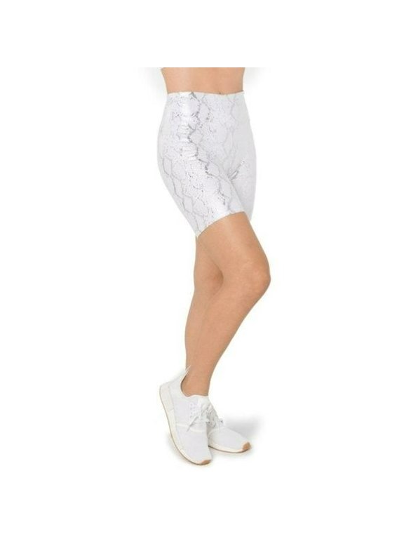 Women's Metallic Foil Print High Waist Moisture Wicking Active Biker Shorts-Silver Python / M