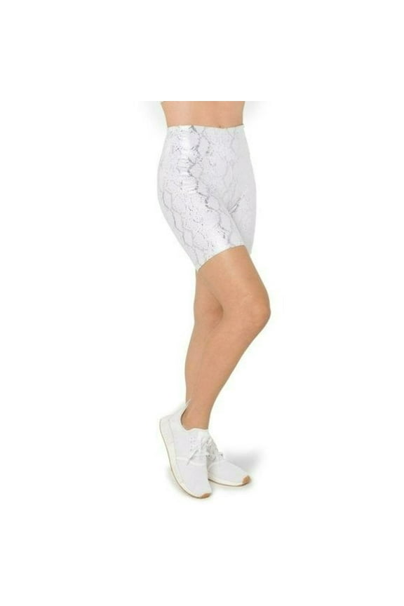 Women's Metallic Foil Print High Waist Moisture Wicking Active Biker Shorts-Silver Python / M