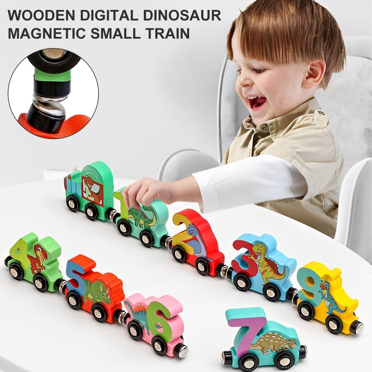 Kyoffiie 11PCS Wooden Dinosaur Number Train Set Toddler Dino Train Toy