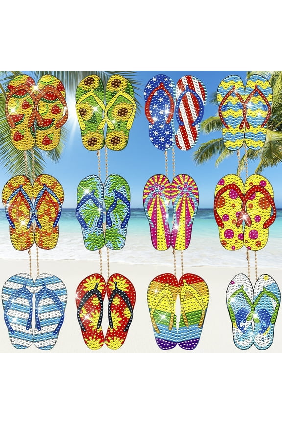 12Pcs DIY Diamond Keychain Kits 5D Cute Summer Beach Diamond Art Painting Keychain DIY Rhinestone Keychain Pendant Double-Side Diamond Art Key Rings for Beginners Birthday Gifts Girls Boys