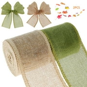 Kyoffiie 2 Rolls Burlap Ribbon Handmade Linen Ribbon Roll Wired Edge Ribbon Large Bow Garlands Ribbon for Outdoor Christmas Farmhouse Party Decoration