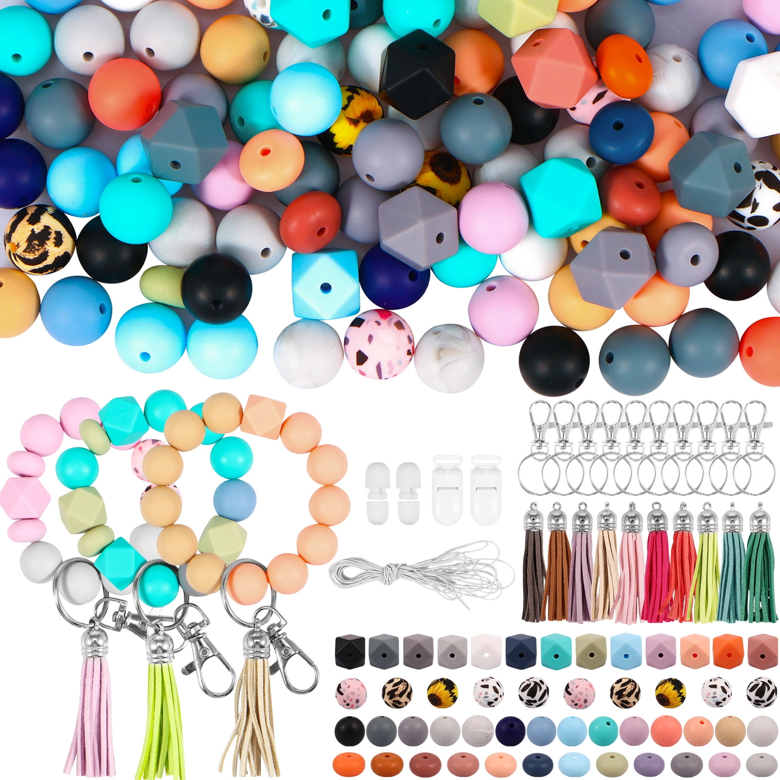 Kyoffiie 235PCS Silicone Beads Bulk Kit Multiple Styles and Shapes 14mm Flat Beads Fashion 15mm Round Beads