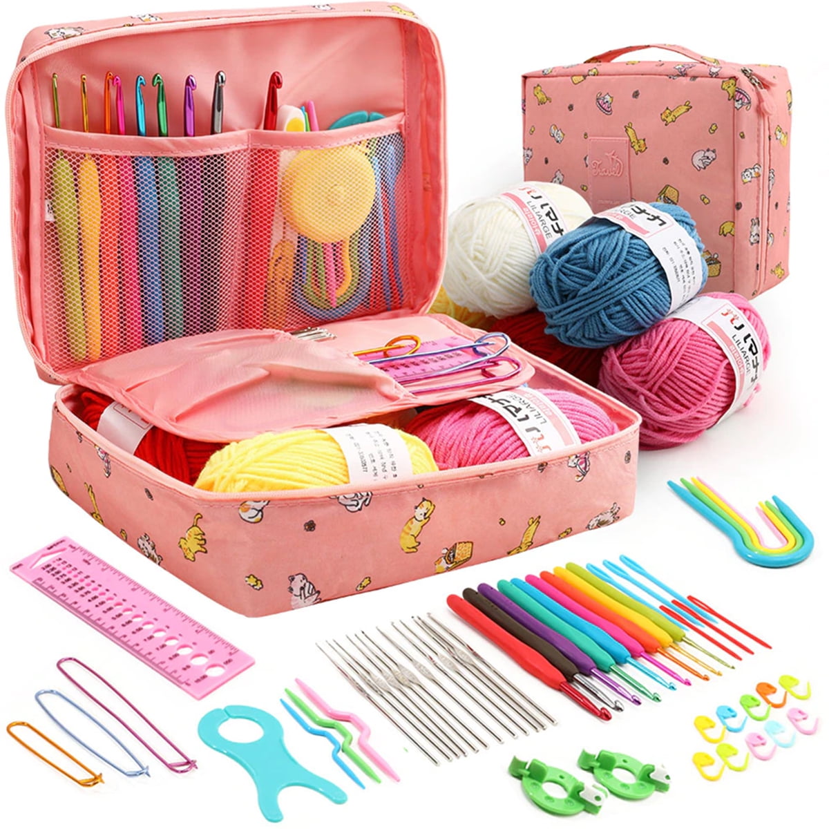 Aeelike Crochet Kit with Yarn, Beginners Crochet Kit for Adult  Kids Include Rubber Soft Grip Crochet Hooks,Knitting Supplies DIY Tools for  Crochet Lover,Starter Kit with Portable Storage Bag Pink