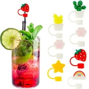 Kyoffiie 8PCS Straw Cover 0.47inch Cute Straw Tip Cover Protector Reusable Drinking Straw Tip Lid Dust-Proof Strawberry Star Daisy Cactus Cat Paw Style Straw Topper for Straw
