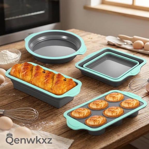 4pcs Silicone Baking Pan Set, Non-Stick Round and Square Cake Molds for Baking, Heat Resistant Kitchen Bakeware Kit, Gray
