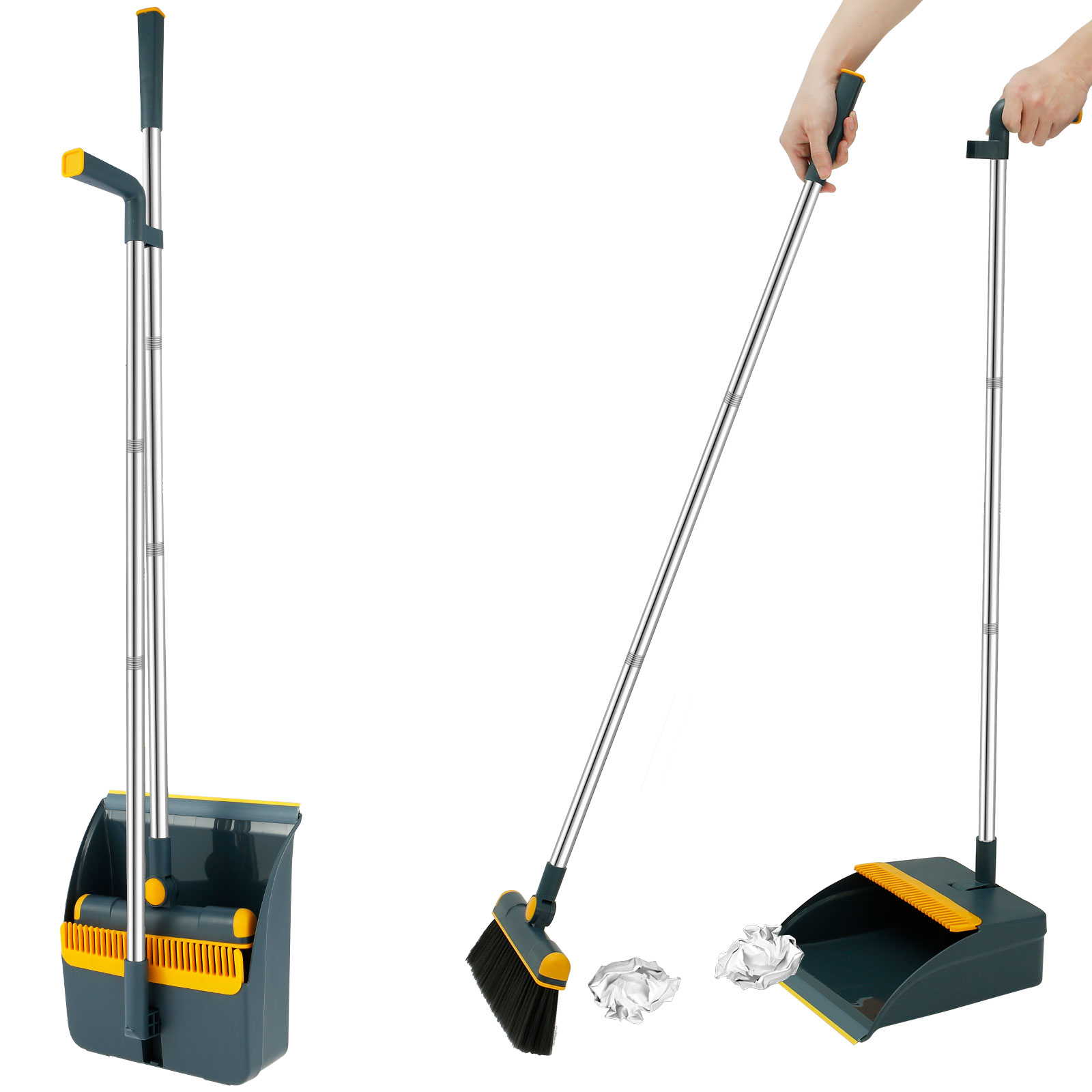Kyoffiie Long Handled Dustpan and Broom Set 180° Rotatable Standing