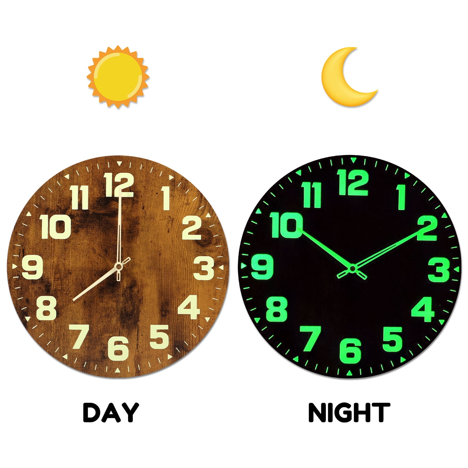 Kyoffiie Luminous Wall Clocks Wooden Glow in The Dark Clock 12 inch