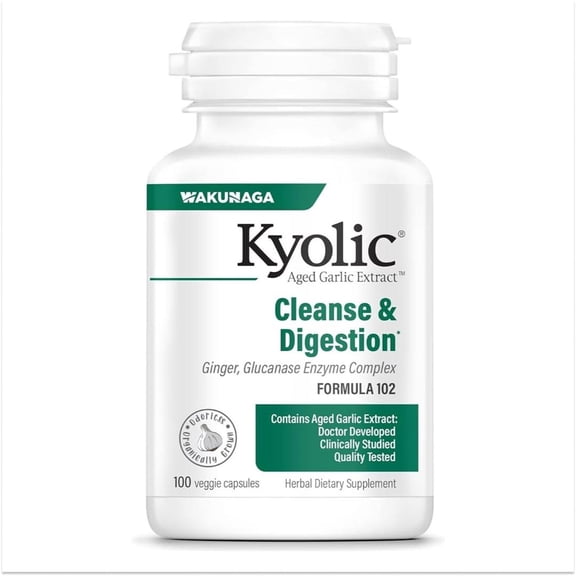 Kyolic Aged Garlic Extract Formula 102, Cleanse Digestion, Ginger and Enzyme Complex, 100 Capsules