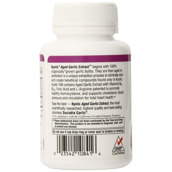 Kyolic Aged Garlic Extract Formula 108 Total Heart Health 100 Capsules Heart Healthy Odorless Organic Garlic Supplement, Soy- Gluten-Free, Gentle on the Gut Garlic Pills