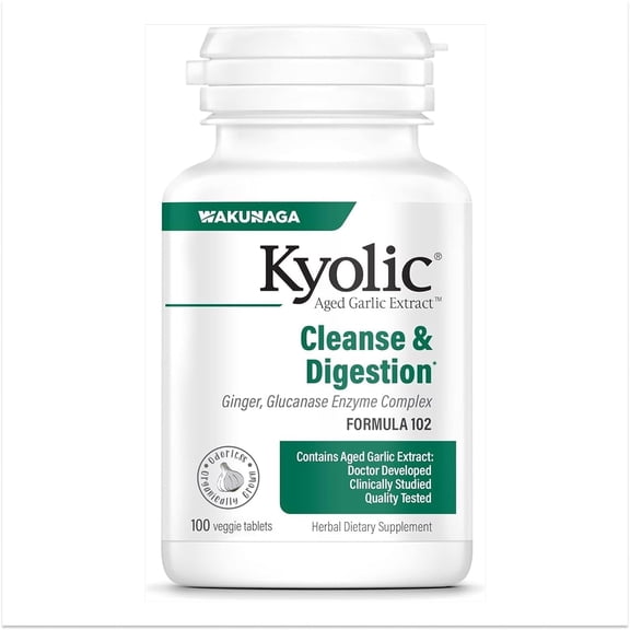 Kyolic Aged Garlic Extract Formula 102, Cleanse Digestion, Ginger and Enzyme Complex, 100 Vegetarian Tablets