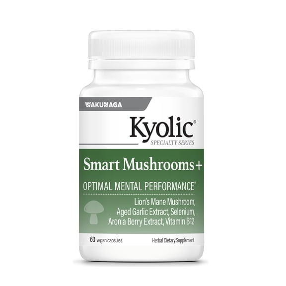 Kyolic Smart Mushrooms+ - Mushroom & Herbal Dietary Supplement - Mental Performance & Long-Term Brain Health Support* - Lions Mane Mushroom & Aged Garlic Extract - 60 Capsules