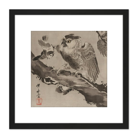 Kyosai Owl Mocked Small Birds Japan Painting 8X8 Inch Square Wooden Framed Wall Art Print Picture with Mount