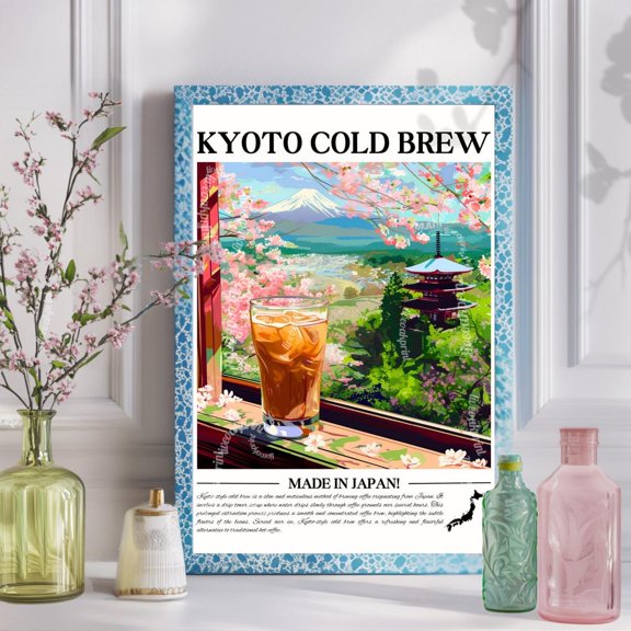 Kyoto Cold Brew Wall Art Print, Cherry Blossom Mountain Japanese Coffee Bar Decor