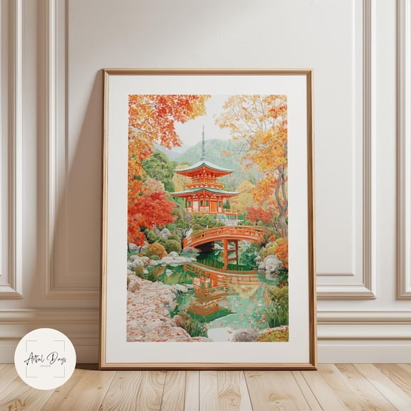 Kyoto Fall Poster, Japanese Temple Wall Art, Autumn Landscape Print, Red Maple Leaves, Zen Home Decor, Japan Wall Art 12x18 UNFRAMED
