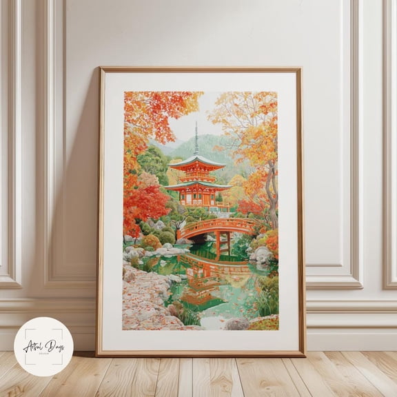 Kyoto Fall Poster, Japanese Temple Wall Art, Autumn Landscape Print, Red Maple Leaves, Zen Home Decor, Japan Wall Art 16x24 UNFRAMED