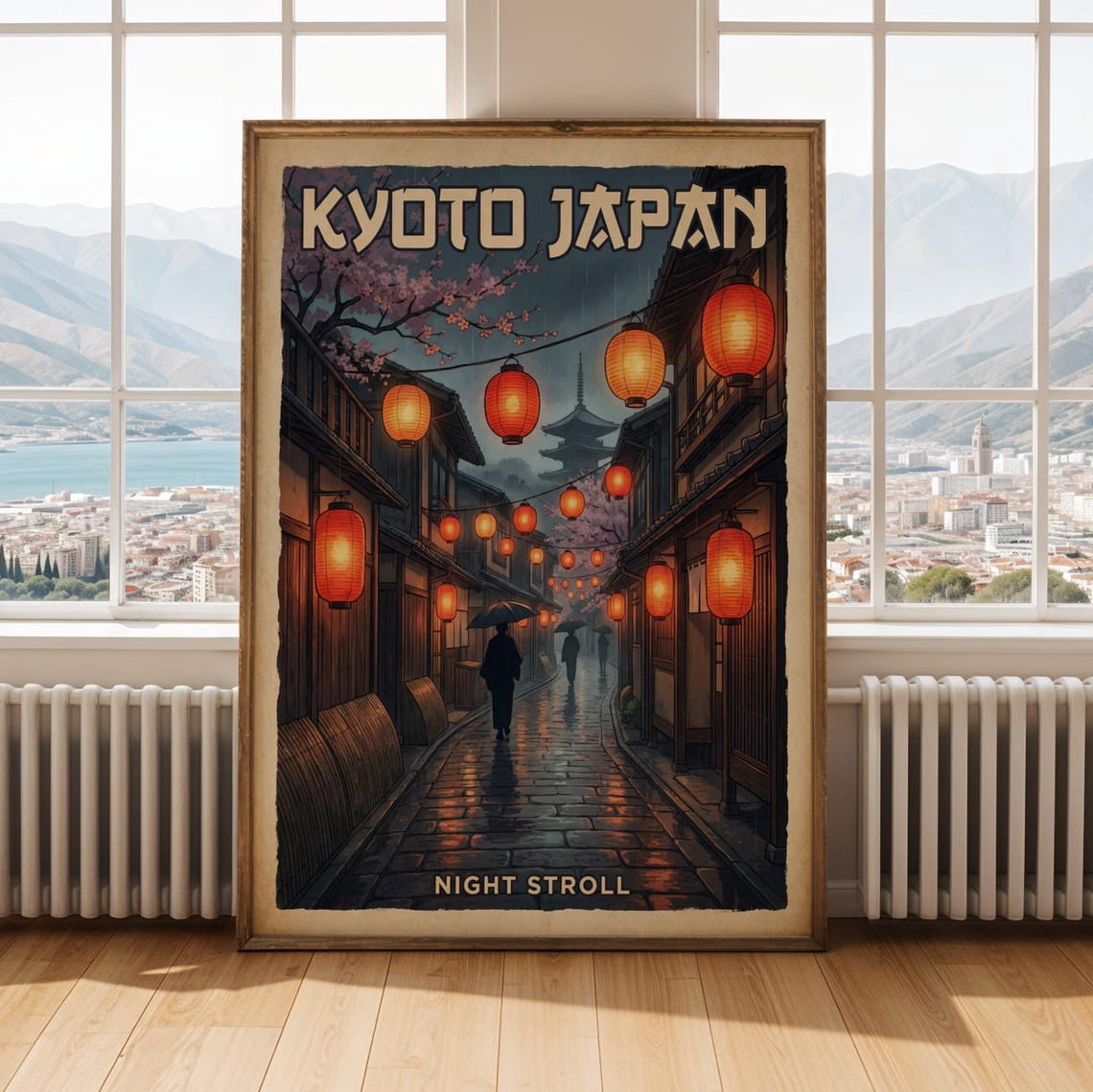 Kyoto Japan Poster, Retro Travel Illustration, Orange And Amber Lantern ...