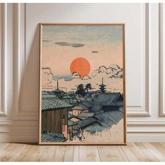 Kyoto Sunset Poster Japanese Temple Rooftop Wall Art Pagoda Skyline Landscape Print, Poster Only