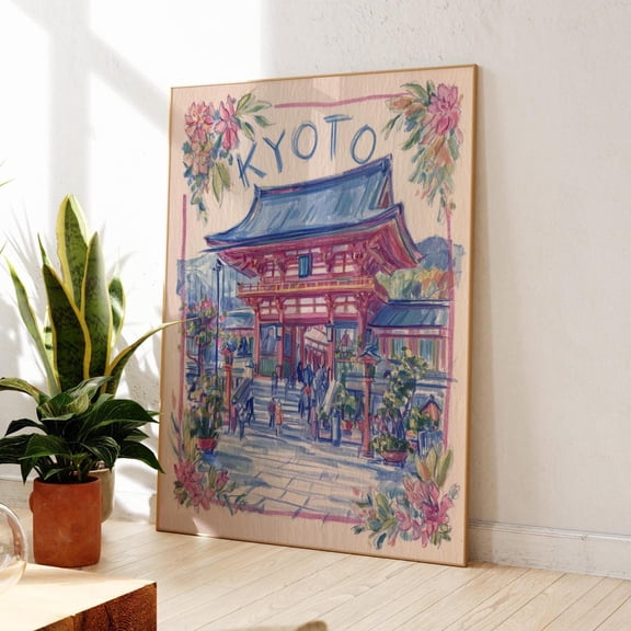 Kyoto Temple Wall Art, Japanese Temple Travel Print, Kyoto Japan Home Decor, Pink Floral Kyoto Poster, Asian Art, Pastel Japan Decor