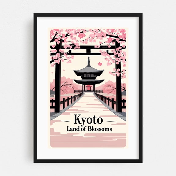 Kyoto Vintage Poster – Japanese Cherry Blossom Art Print - Kyoto Japan Illustration Travel Poster Floral Architecture Vintage Poster Scenic Black Framed Wall Art Print 16 x 24 inches