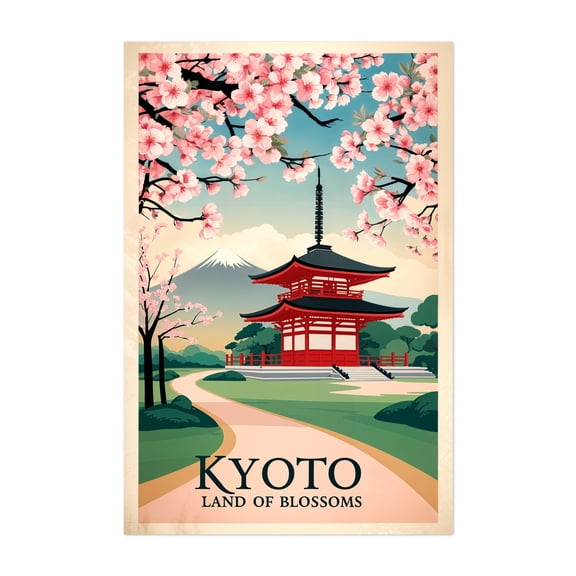 Kyoto Vintage Poster – Land of Blossom Art Print - Kyoto Japan Illustration Travel Poster Vintage Poster Flowers Architecture Floral Scenic Landscape Unframed Wall Art Print 40 x 60 inches