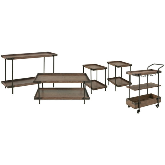 Bolton Furniture Kyra 5-Piece Oak and Metal Living Room Set with 42"L Coffee Table, Two Side Tables, Sofa/TV Console and Bar Cart